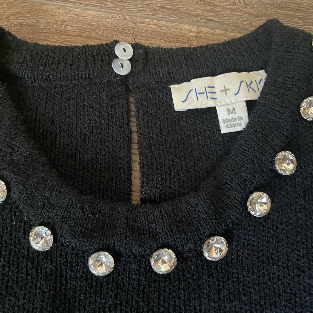 She + Sky Black Sweater with Gem Details